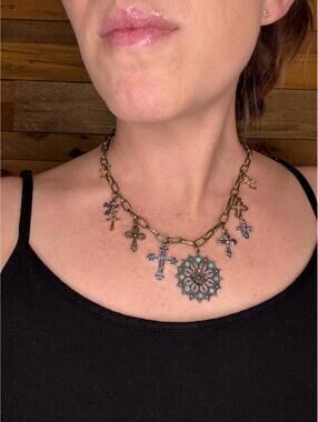 Boho Cross Charm Necklace, Mixed Metal Gold Silver Boho Pendant, Paperclip chain